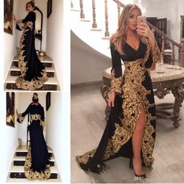 Sexy V-Neck A-Line Prom Dresses Long Sleeves Split With Gold Lace Appliques Floor Length Special Occasion Party Gowns Vestidos De Soiree