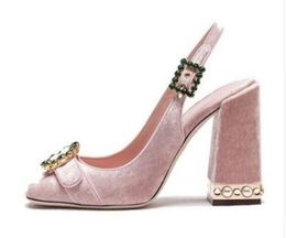 Runway Rhinestone Buckle Toe Slingback Gladiator pumps Sequins Leather Crystal Pearl Studs Chunky Heels Women Party Shoes