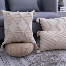 Tassels Cushion Cover 45x 45cm/30x50cm Geometric Beige Pillow Case Handmade Square Home Decoration for Living Room Bed Room Zip Open