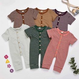 Baby Clothes Kids Striped Rompers Boys Girls Cotton Jumpsuits Infant Summer Casual Short Sleeve Buttons Bodysuits Onesies Climb Suit PY571