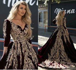 Burgundy Velvet Long Prom Dresses V Neck Gold Beading Lace Appliqued Plus Size Evening Dress A Line Party Gowns