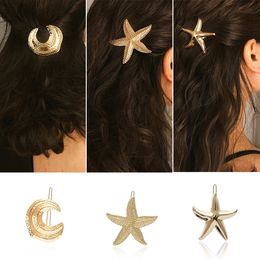 silver starfish pin UK - European USA Hot Selling Fashion Make up Starfish Moon Star Hair Clips Gold and Silver Color Hair Pins