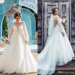 Bohemain Plus Size Beach A Line Lace Wedding Dresses Applique Sheer Jewel Neck Long Sleeves Tiered Tulle Wedding Dress Bridal Gowns Vestidos
