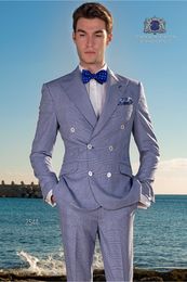 Blue lattice Men Wedding Tuxedos Double-Breasted Groom Tuxedos Fashion Men Blazer 2 Piece Suit Prom/Dinner Jacket(Jacket+Pants+Tie)