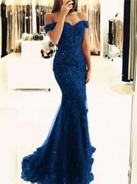 royal blue 2018 Off The Shoulder Mermaid Long Evening Dresses Tulle Appliques Beaded Custom Made Formal Evening Gowns Prom Party Dresses