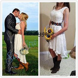 Vintage High Low Beach Wedding Dresses Retro Lace V-neck Summer Holiday Seaside Western Country Cowgirl Wedding Bride Gown