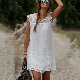 Women Summer White Lace Crochet Mini Dress 2019 New Style Casual Short Sleeve O-neck Cocktail Party Dresses Vestidos Fashion Plus Size S-5XL