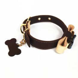 Luxury Pet Dog Collar Vegetable Tanned First Layer Cowhide Dog Collar with Bow and Bone Accessories Dog Leash and Collar Set Pet S234e