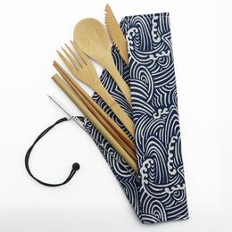 7Pcs Outdoor Wooden Cutlery Set Portable Flatware Set Travel Bamboo Tableware Knife Fork Spoon Chopsticks Dinnerware Sets With Cloth Bag