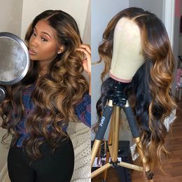 Ombre Highlight Wig Brown Honey Blonde Coloured Wavy HD Whole Lace Front Human Hair Wigs Straight Full 360 Frontal Remy Diva1 s al