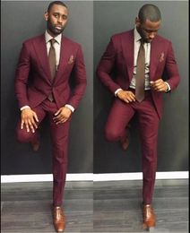 Handsome Burgundy Men Wedding Tuxedos Peak Lapel Slim Fit Groom Tuxedos New Style Dress Men Business Dinner/Darty Suit(Jacket+Pants+Tie)60