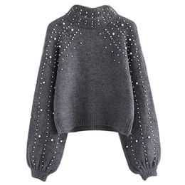 Fashion-2019 Women Knitted Bead Sweaters Fashion Casual Korean Style Female Long Sleeve Wrap Front Loose Pullover Jumper With Pearls