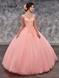 Hot Pink Girls Two Pieces Quinceanera Dresses tulle V-neck Sweep Train Lace Up Back Ball Gown Prom Dresses cocktail party dresses