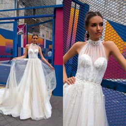 2020 Wedding Dress A-line Halter Sleveless Appliqued Lace Ruched Court Train Bridal Dress Illusion Custom Made Robes De Mariée