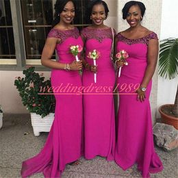 Modest Fuchsia Lace Sheer Bridesmaid Dresses Mermaid Satin Maid Of Honour Dress Evening Party Gowns Formal Prom Dress Wedding Guest Wear