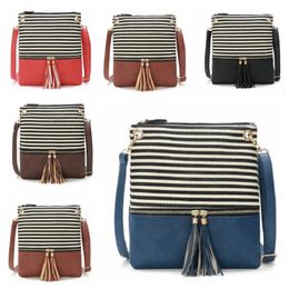 Women Stripe Tassel Handbags Girl Cross-Body Handbag PU Stitching Contrast Colour Bag Single Shoulder Bags Elegant Shoulder Purse ZYQ25