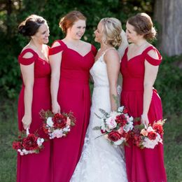 Off The Shoulder Cheap Chiffon Bridesmaid Dresses Red A-Line Ruffle Sweetheart Wedding Guest Dress Zipper Back Floor Length Maid of Honour