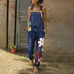 Denim Blue Women Overalls Jumpsuit Rompers Belted Printing Out Pocket Lady Overall Fashion Female Pants Jumpsuit