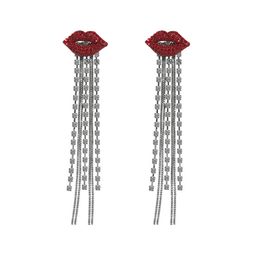Women Long Tassel Earring Rhinestone Red Lip Stud Earring for Gift Party Fashion Jewellery Accessories High Quality