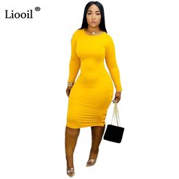 Liooil Sexy Bodycon Midi Dress Women Fall Winter 2019 Streetwear Long Sleeve O Neck Black Night Club Party Tight Fitted Dresses