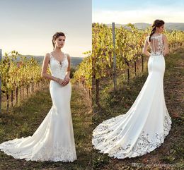 New Arrival Lace Mermaid Wedding Dresses Deep V Neck Illusion Button Back Lace Appliqued Sweep Train Wedding Dress Bridal Gowns Custom