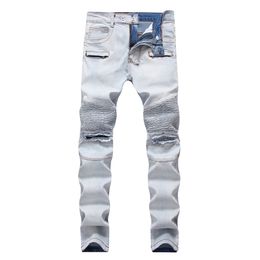 Men's high quality distressed ripped creased jeans long slim casual designer pants with holes size 28-40 free shipping