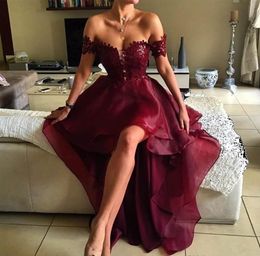 2017 Burgundia Prom dresses Off the Shoulder Appliqued Lace Red Wine High Low Party Dress Graduation Backless Elegant Evening Gowns