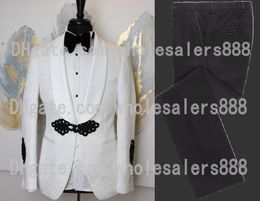 Men Suits White Pattern and Black Groom Tuxedos Shawl Satin Lapel Groomsmen Wedding Best Man 3 Pieces ( Jacket+Pants+Vest+Tie ) L446