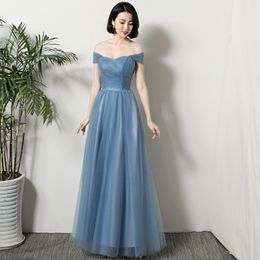 Dusty Blue Tulle Long Bridesmaid Dresses 2020 New Wedding Party Dress Lace Up Maxi Gowns vestido para festa192S