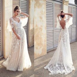 Boho Wedding Dress Lace A-Line White Simple Bohemian Beach Dresses Backless V Neck Maxi Runway Dress Dress to the Floor Vestido