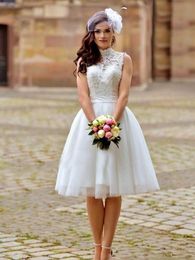 Elegant Summer Short Wedding Dresses High Neck Open Back Guipure Lace and Tulle Knee Length Princess Bridal Gowns