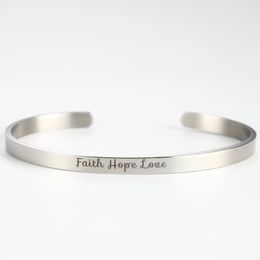 Fashion Stainless Steel Cuff Engraved Bracelet Faith Hope Love Inspirational Bangle for Christmas Day, Anniversary Day, Thanksgiving Day an