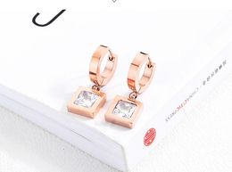 Wholesale-luxury designer rose gold titanium diamond zircon simple square box pendant circle stud earrings for woman