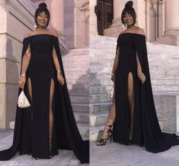 New Amazing Black Girl Side Split Evening Dresses Sexy Off the Shoulder Capped Sleeve Prom Dresses Sheath Long Red Carpet Dresses