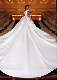 Off The Shoulder Vestido De Noiva Muslim Wedding Dresses 2020 Ball Gown Satin Appliques Boho Dubai Arabic Bridal Wedding Gown