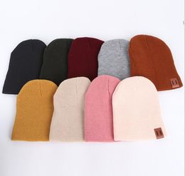 Adult children knitted Woollen pullover cap autumn and winter leather standard solid Colour warm baby knitted hat parent-child hat WY1299