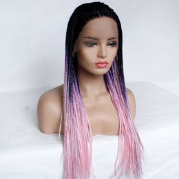 Braided Lace front Wigs Ombre Pink Hair for Women Synthetic Heat Resistant Long Braids Wig Glueless Half Hand Tied