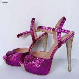 Rontic Women Glitter Platform Sandals Sexy Thin High Heels Sandals Peep Toe Gorgeous Fuchsia Party Shoes Women US Plus Size 5-15