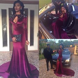 2023 Burgundy Velvet Evening Dresses Jewel Beaded Sexy Keyhole Long Sleeves Column Custom Made Long Prom Celebrity Gowns with Sweep Train 98