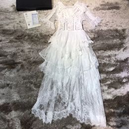 Fashion-2018 White Crew Neck Long Sleeves High-Low Women Dress Bohemian Sheer Lace Ruffles Maxi Gown DH19