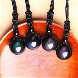 10MM Natural Stone Black Obsidian Rainbow Eye Beads Ball Pendant Transfer Lucky Love Crystal Jewelry With Free Rope For Women and Men DHL
