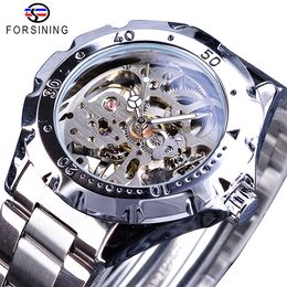 Forsining 2018 Silver Stainless Steel Gear Case Golden Skeleton Clock Men's Mechanical Watches Top Brand Luxury Luminous Hand267r