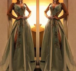 2019 Cheap Olive Green Evening Dress Sexy Dubai Deep V Neck Split Holiday Women Wear Formal Party Prom Gown Custom Made Plus Size