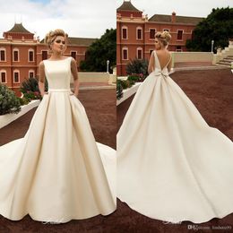 Elegant 2019 Satin Beach Wedding Dresses With Pockets Backless Bow Boho Beach A Line Backless Wedding Dress Bridal Gowns