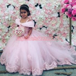 Princess Pink Lace Tulle Flower Girls' Dresses Train 2020 Girls Birthday Formal Gowns First Communion Dresses Kids Tutu Pageant For Wedding