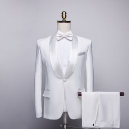 Customise Shawl Lapel Handsome White Groom Tuxedos Groomsmen Best Man Suit Mens Wedding Suits Bridegroom (Jacket+Pants+Bow Tie)