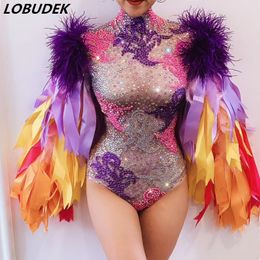 Women Colourful Feather Sleeve Multi Colour Rhinestones Bodysuit Stage Wear Sexy DJ Singer Nightclub Bar Party Rave Outfit Dancer Performance Dance Costume