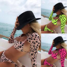 Leopard Pattern Bikinis Sexy Backless Three-piece Swimwear Suit New Long Sleeve Pink Neon Green Bikini Swimsuit Female