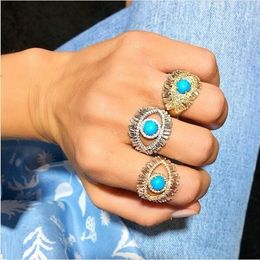 Luxury Turkish Evil Eye Jewellery Ring Gold Colour Baguette Clear Cz Blue Turquises Main Stone Cute Women Finger Rings C19041601