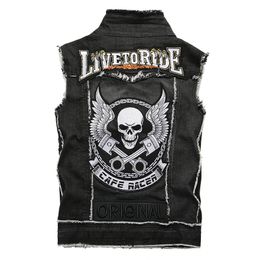 new mens washed black embroidered skull vest four season fashion patches patchwork rivet letters slim waistcoat denim tank top